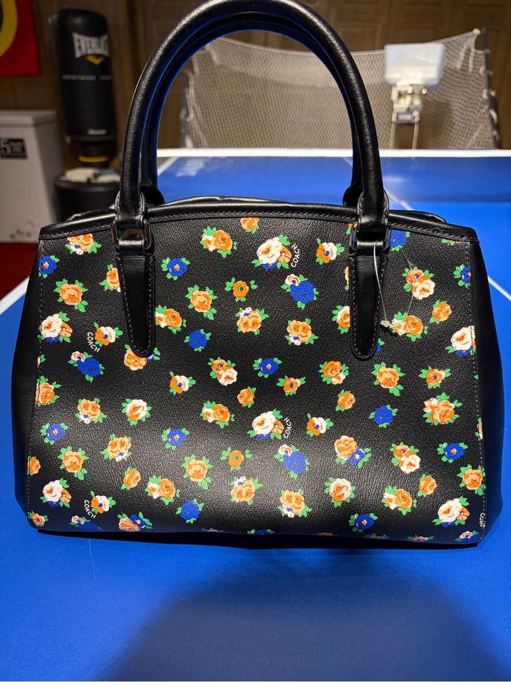 Coach Black Leather Satchel with Orange & Blue Floral Print - Picture 2 of 8